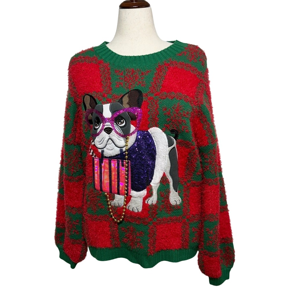 Holiday Time Sweater Womens Large Red French Bulldog Sequin Christmas Pullover
